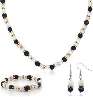 Gem Stone King Multi-Color Cultured Freshwater Pearl Necklace Earrings Bracelet Jewelry Set 7-8MM 18 Inches