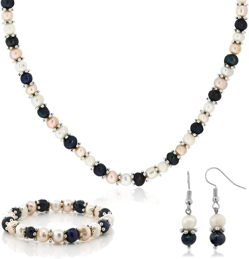 Gem Stone King Multi-Color Cultured Freshwater Pearl Necklace Earrings Bracelet Jewelry Set 7-8MM 18 Inches