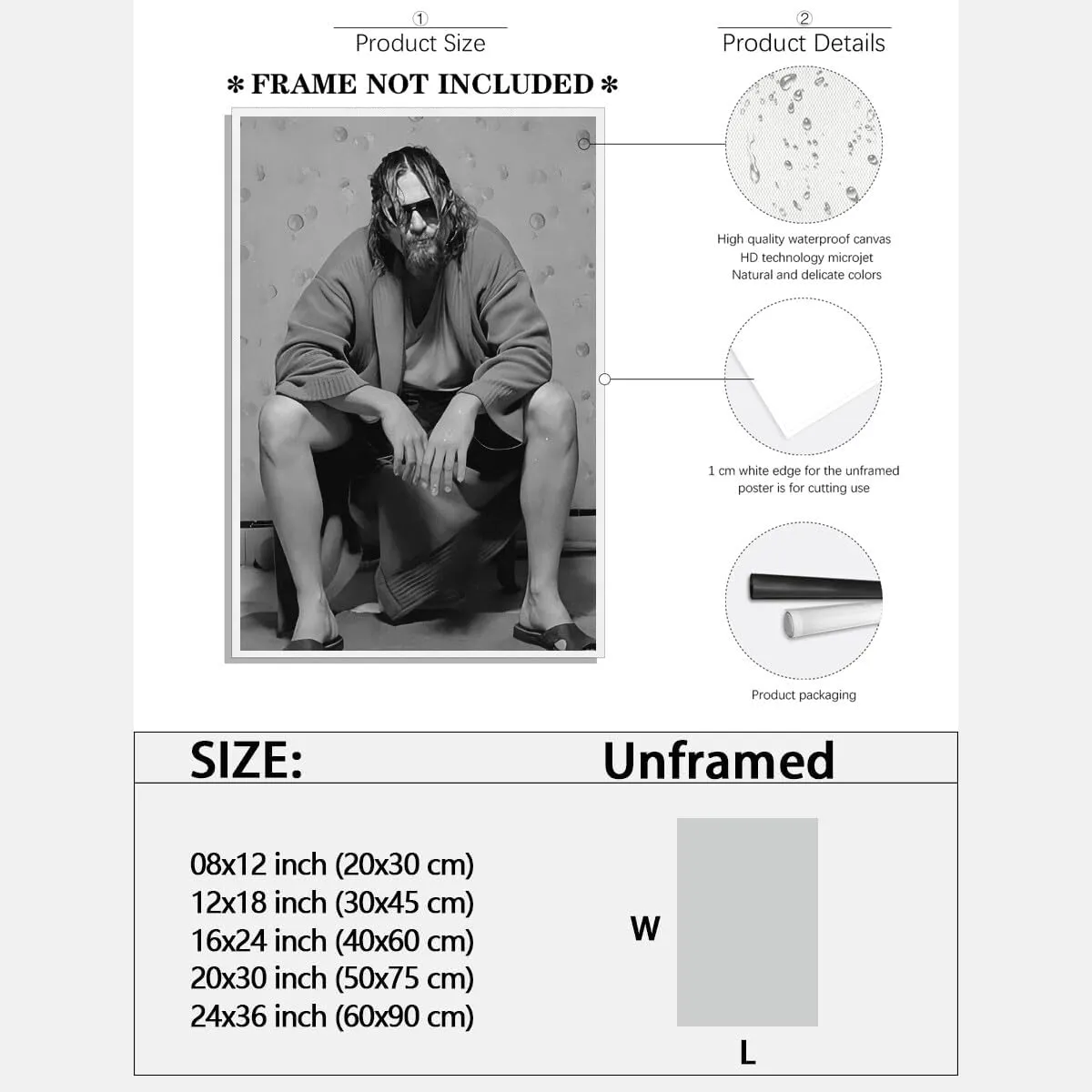 Generic Funny Bathroom Movie Poster Canvas Art Print Unframed 16x24 inches Black and White The Big Lebowski Humor Bathroom Decor