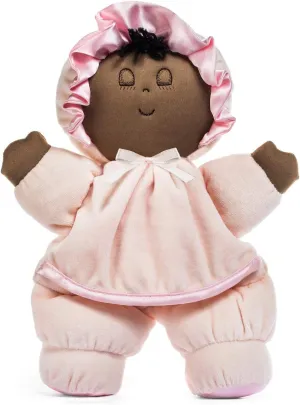 Genius Baby Toys Soft Black Baby Doll, African American Soft Dolly, Brown Baby Doll, Plush Baby Doll with Pink Dress in Puffalump Style, No Hard Parts, Made for Cuddles and Snuggles, 11" Tall