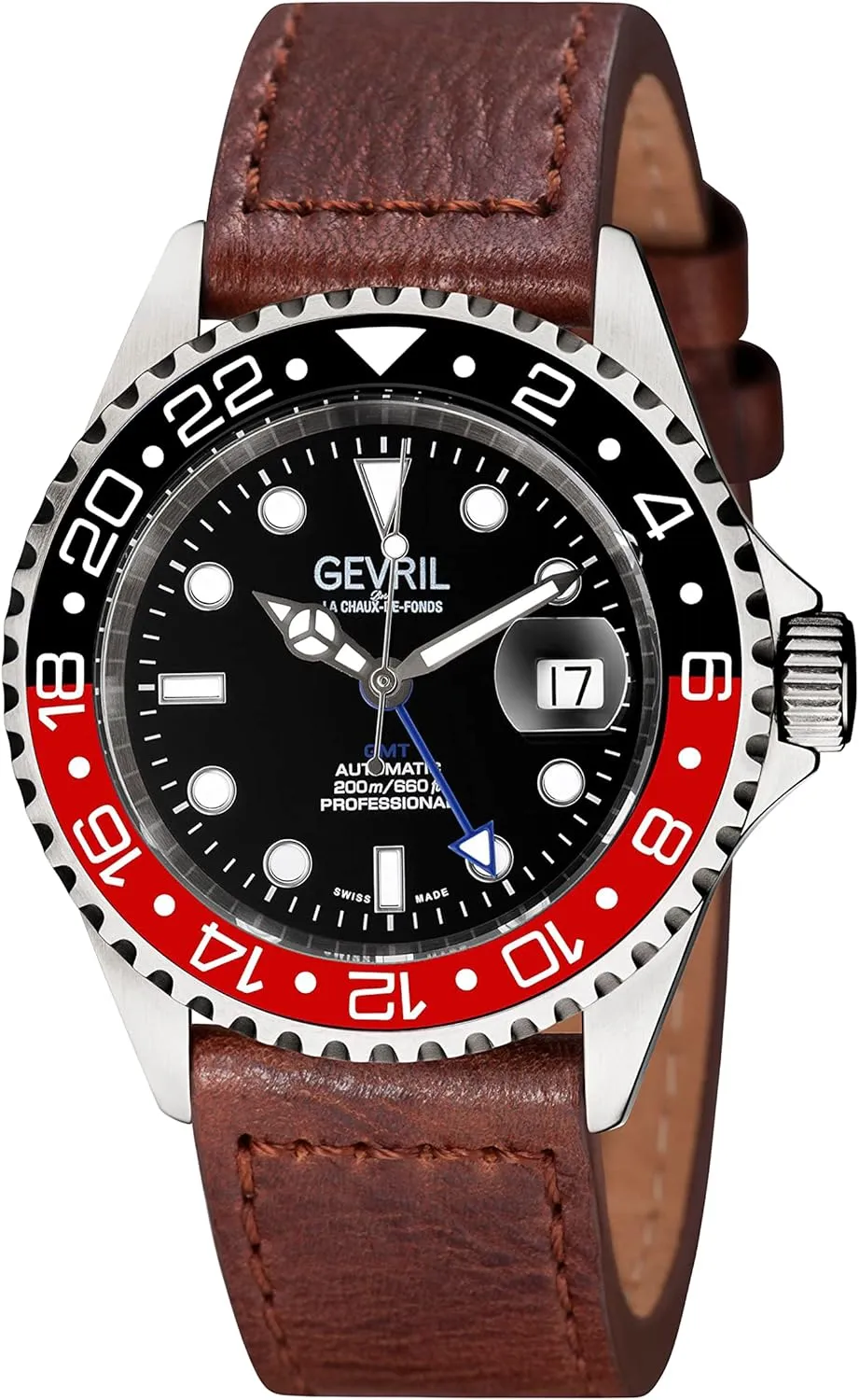 Gevril Men's Wall Street Stainless Steel Watch, Genuine Italian Leather Strap