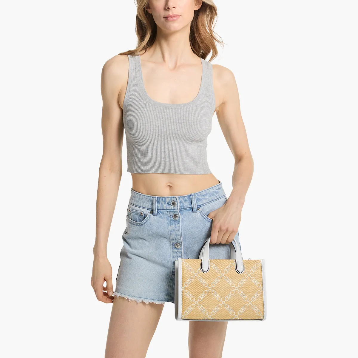 Gigi Small Empire Logo Jacquard Straw Messenger Bag