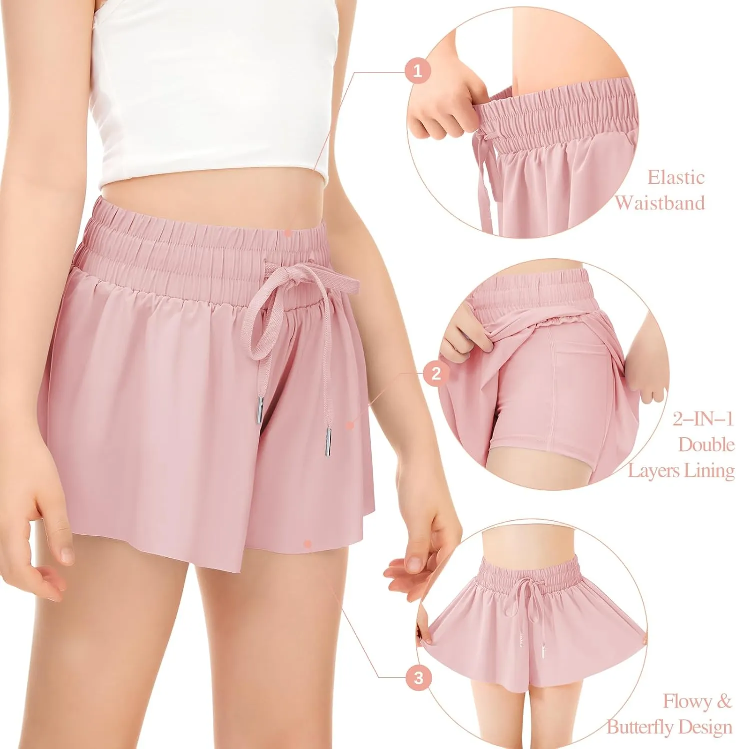 Girls Athletic Flowy Shorts with Pocket - 2 in 1 Butterfly Shorts for Teen Girls Youth Running Sports Spandex