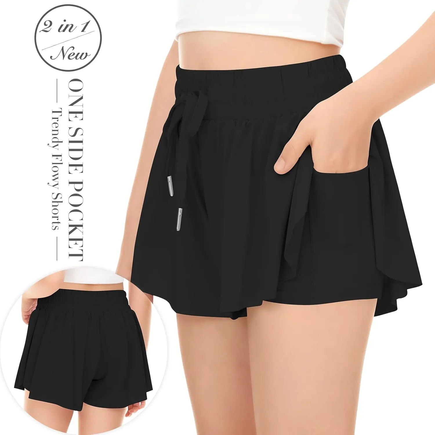 Girls Athletic Flowy Shorts with Pocket - 2 in 1 Butterfly Shorts for Teen Girls Youth Running Sports Spandex