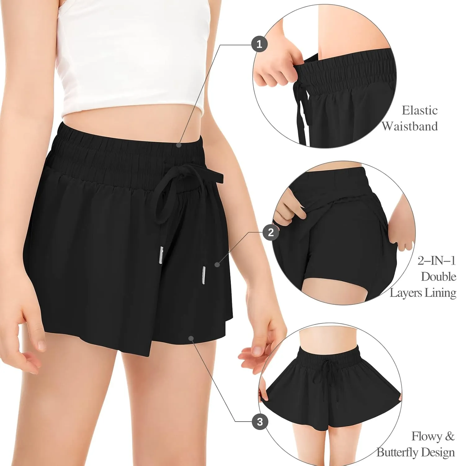 Girls Athletic Flowy Shorts with Pocket - 2 in 1 Butterfly Shorts for Teen Girls Youth Running Sports Spandex