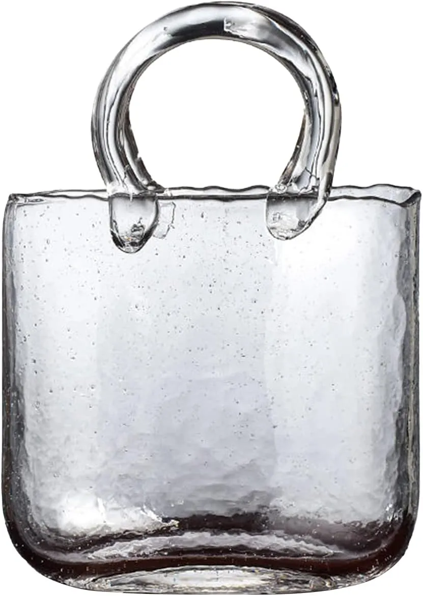 Glass Bag vase, Purse vase with Fish Bowl, Handbag Shape Flower vase, Clear Bag Vase with Handle and Bubbles for Centerpieces Wedding Table Decorations(#1)