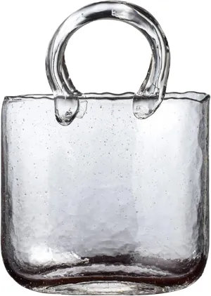 Glass Bag vase, Purse vase with Fish Bowl, Handbag Shape Flower vase, Clear Bag Vase with Handle and Bubbles for Centerpieces Wedding Table Decorations(#1)