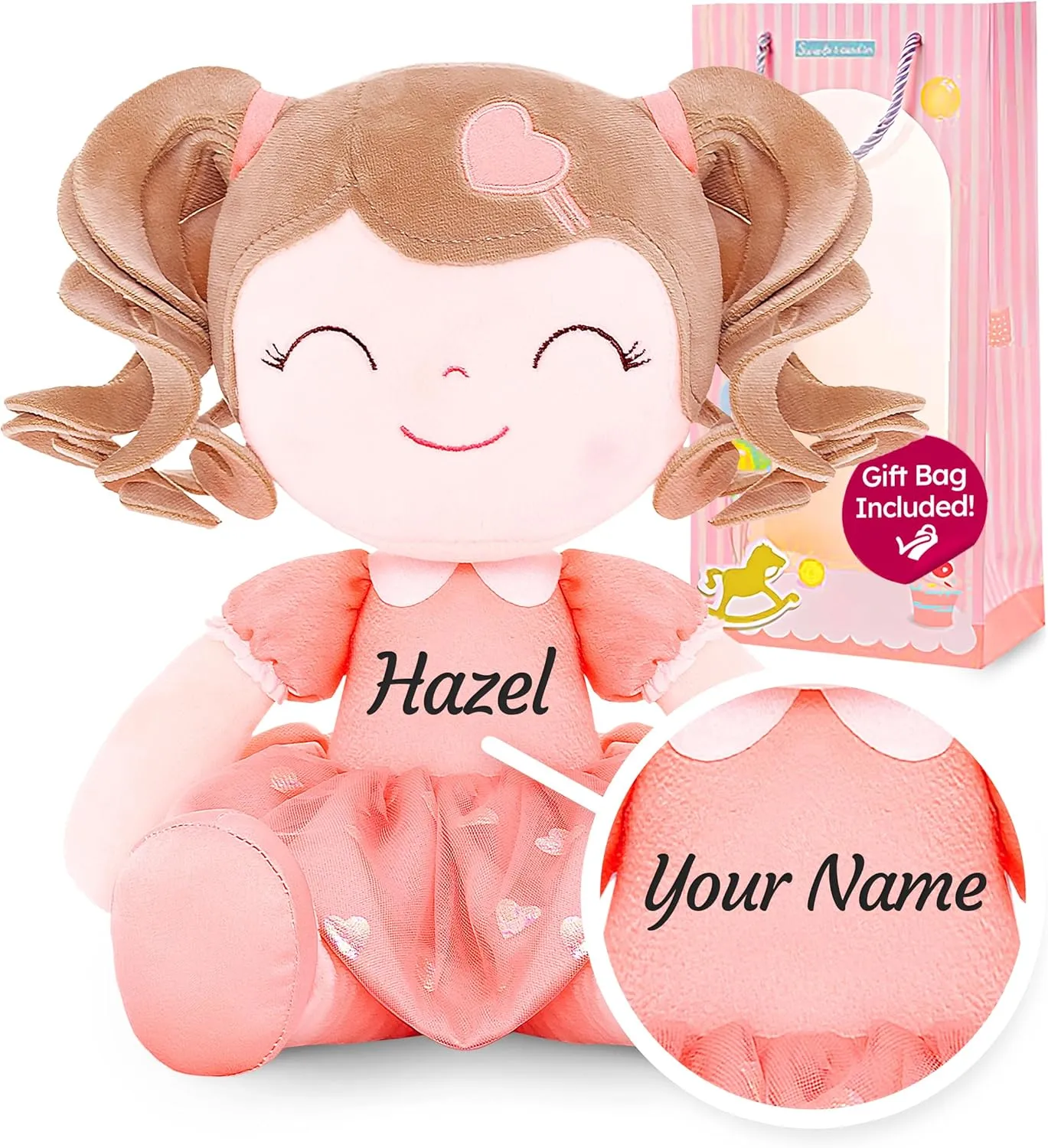 Gloveleya Personalized Curly Doll with Your Name - Cute Custom Orange Soft Plush Doll for Girls Plush Doll Customized Gifts