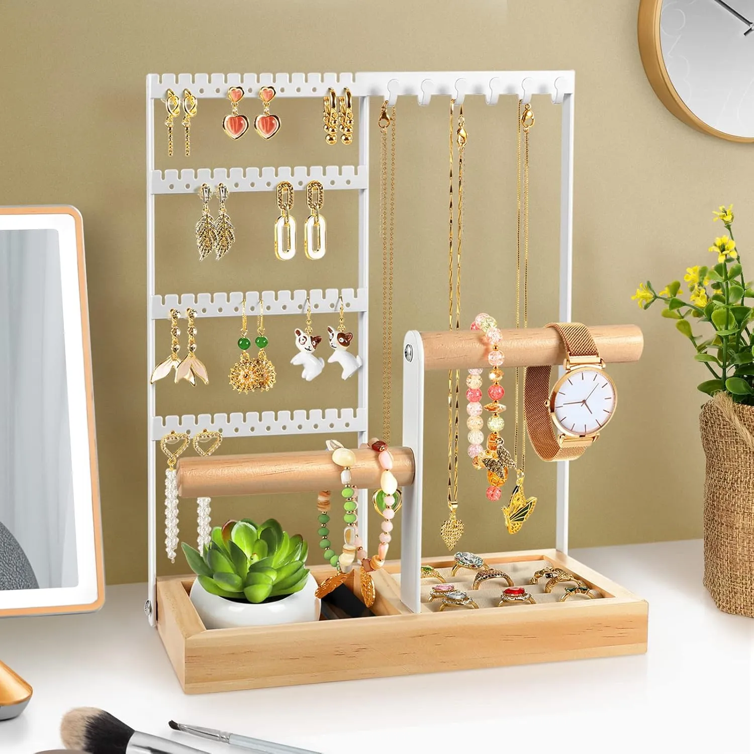 Godboat Jewelry Organizer, 4-Tier Earring Holder Organizer with 48 Holes, 6 Hooks Necklace Rack, Bracelet and Ring Stand with Wood Box, Gifts for Mothers Mom Women, Preppy Stuff & Room Decor, (White)