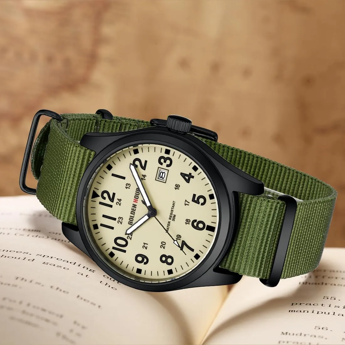 GOLDEN HOUR Men's Nylon Slip-Thru Strap Watch with Military Time Easy Read Dial Glowing Hands