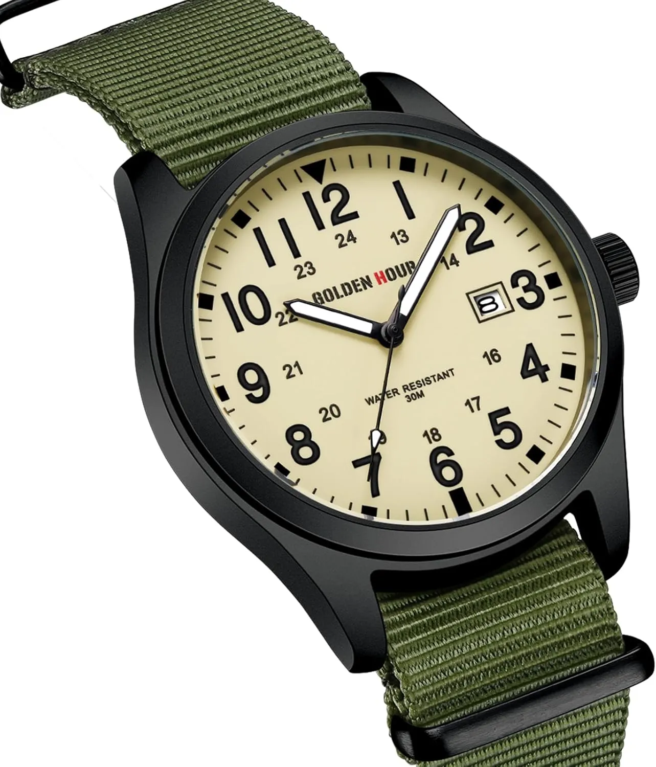 GOLDEN HOUR Men's Nylon Slip-Thru Strap Watch with Military Time Easy Read Dial Glowing Hands