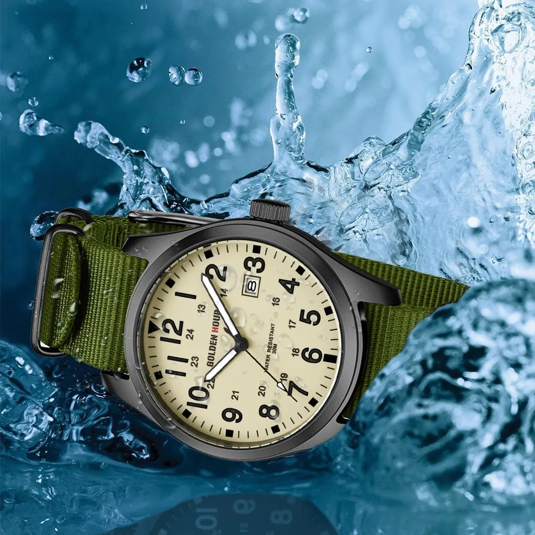 GOLDEN HOUR Men's Nylon Slip-Thru Strap Watch with Military Time Easy Read Dial Glowing Hands