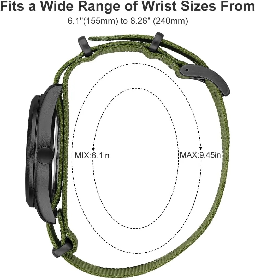 GOLDEN HOUR Men's Nylon Slip-Thru Strap Watch with Military Time Easy Read Dial Glowing Hands
