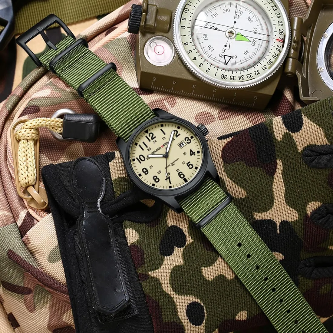 GOLDEN HOUR Men's Nylon Slip-Thru Strap Watch with Military Time Easy Read Dial Glowing Hands