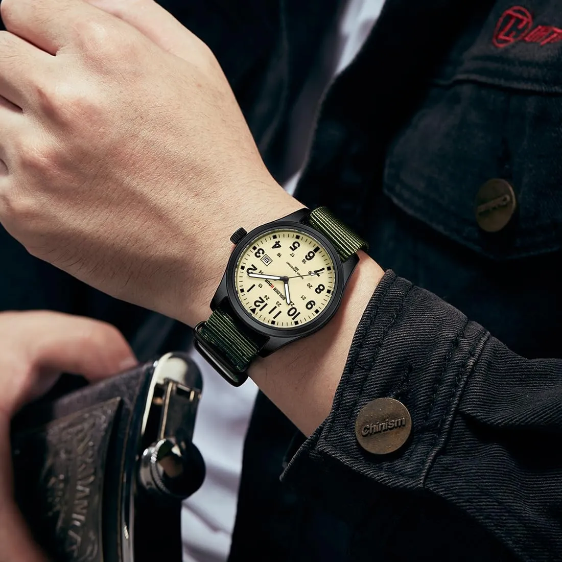 GOLDEN HOUR Men's Nylon Slip-Thru Strap Watch with Military Time Easy Read Dial Glowing Hands
