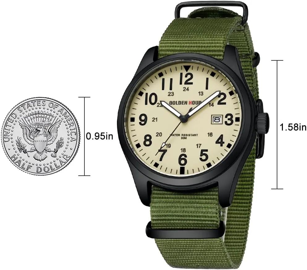 GOLDEN HOUR Men's Nylon Slip-Thru Strap Watch with Military Time Easy Read Dial Glowing Hands