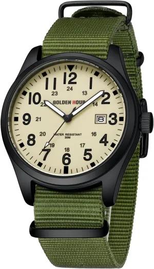 GOLDEN HOUR Men's Nylon Slip-Thru Strap Watch with Military Time Easy Read Dial Glowing Hands