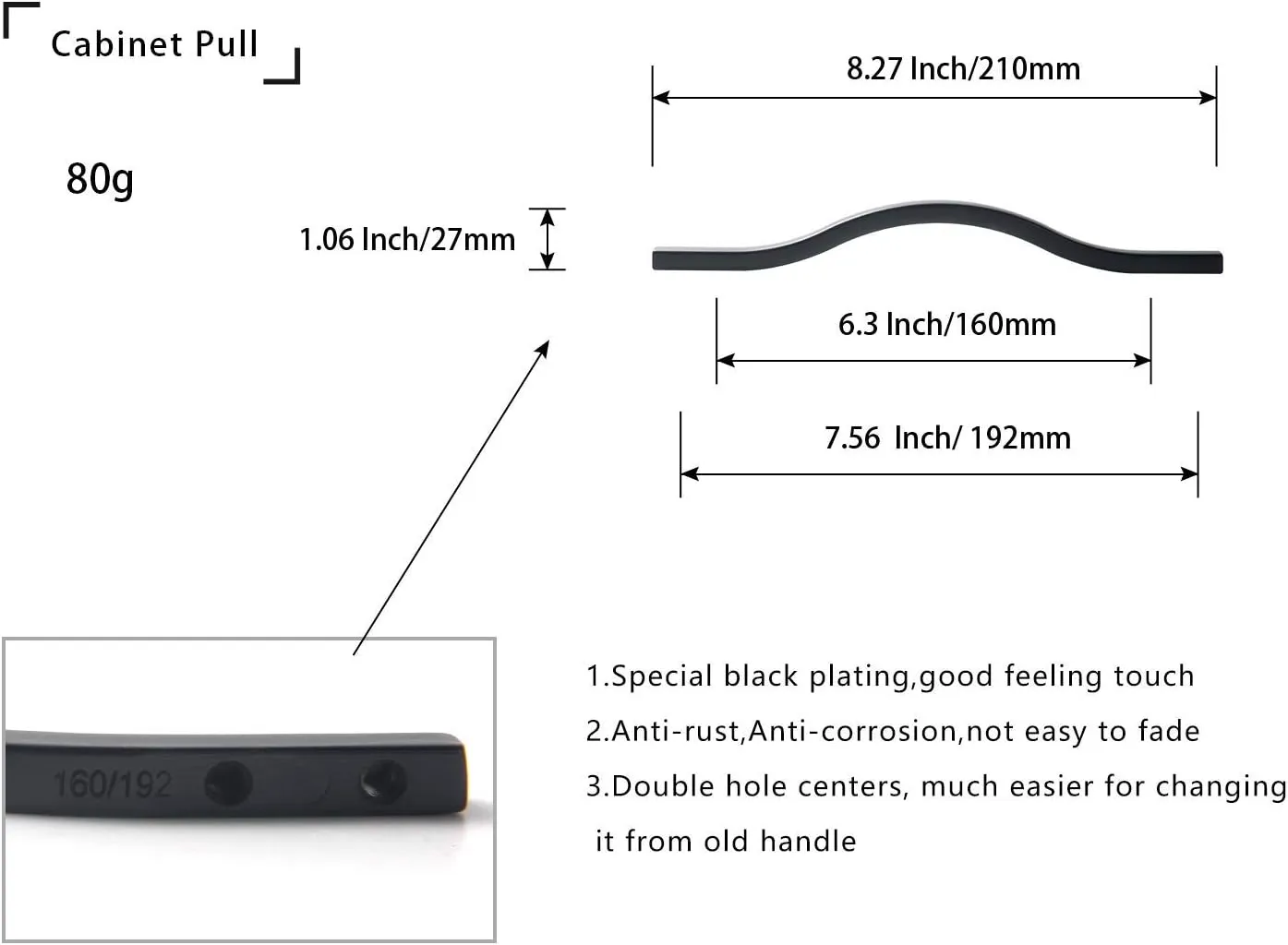 Goo-Ki Modern Handle,Minimalist Cabinet Pull,Matt Black Drawer Handle Wardrobe Cabinet Door Handle, 6.3''/7.6'' Double Hole Centers,6 Packed