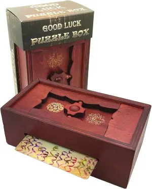 Good Luck Puzzle Box Secret - Money and Gift Card Holder in a Wooden Magic Trick Lock with Hidden Compartment Piggy Bank Brain Teaser Game