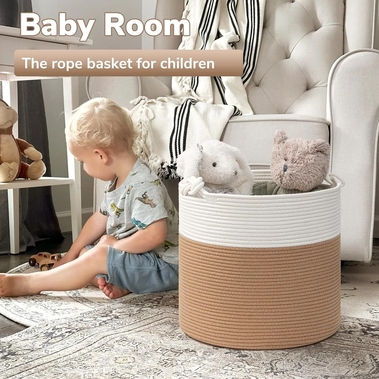 Goodpick Cotton Rope Storage Basket, 15 x 14.2 Inches Jute Woven Basket for Blankets Clothes Organizing, Baby Laundry Baskets Toy Storage With Handle, White Jute