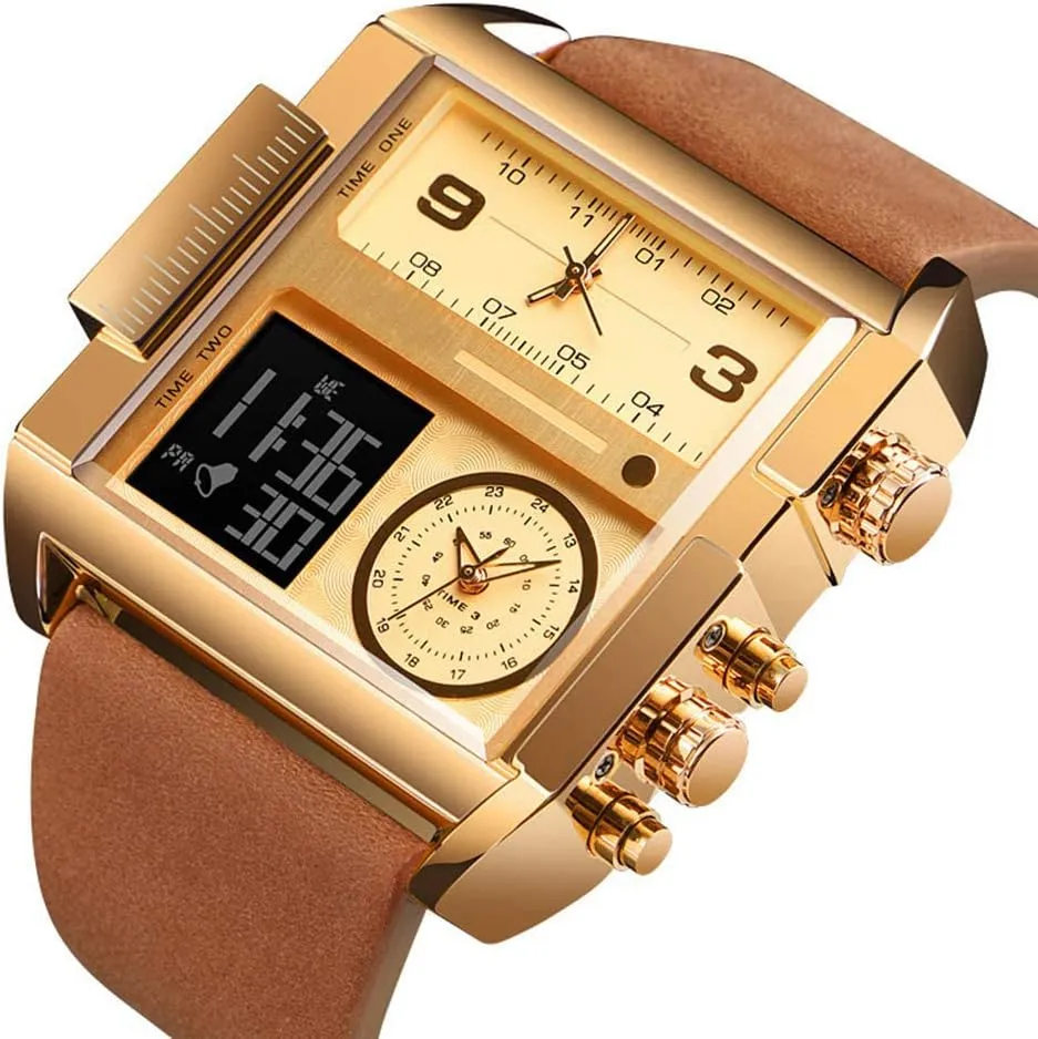 Gosasa Men Square Large Face Digital Sports Watch,LED Analog Quartz Wrist Watch with Multi-Time Zone 50M Waterproof Stopwatch
