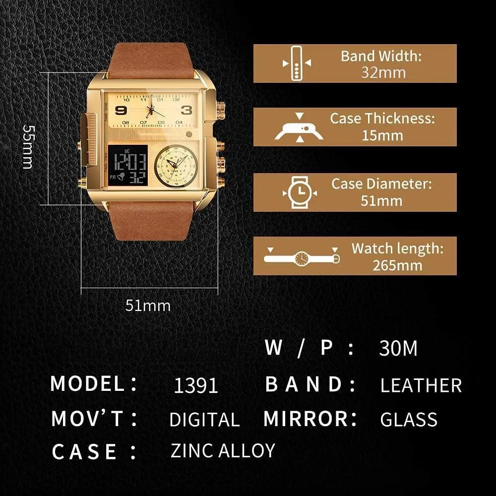 Gosasa Men Square Large Face Digital Sports Watch,LED Analog Quartz Wrist Watch with Multi-Time Zone 50M Waterproof Stopwatch