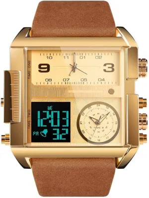 Gosasa Men Square Large Face Digital Sports Watch,LED Analog Quartz Wrist Watch with Multi-Time Zone 50M Waterproof Stopwatch