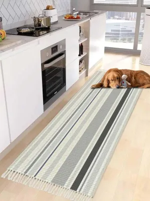 Gray White Blue Kitchen Hallway Runner Rug 2X5 Ft Carpet, Washable Woven Throw Carpet with Tassel, Country Modern Stripes Lines Art Non-Shedding Entryway Laundry Rugs