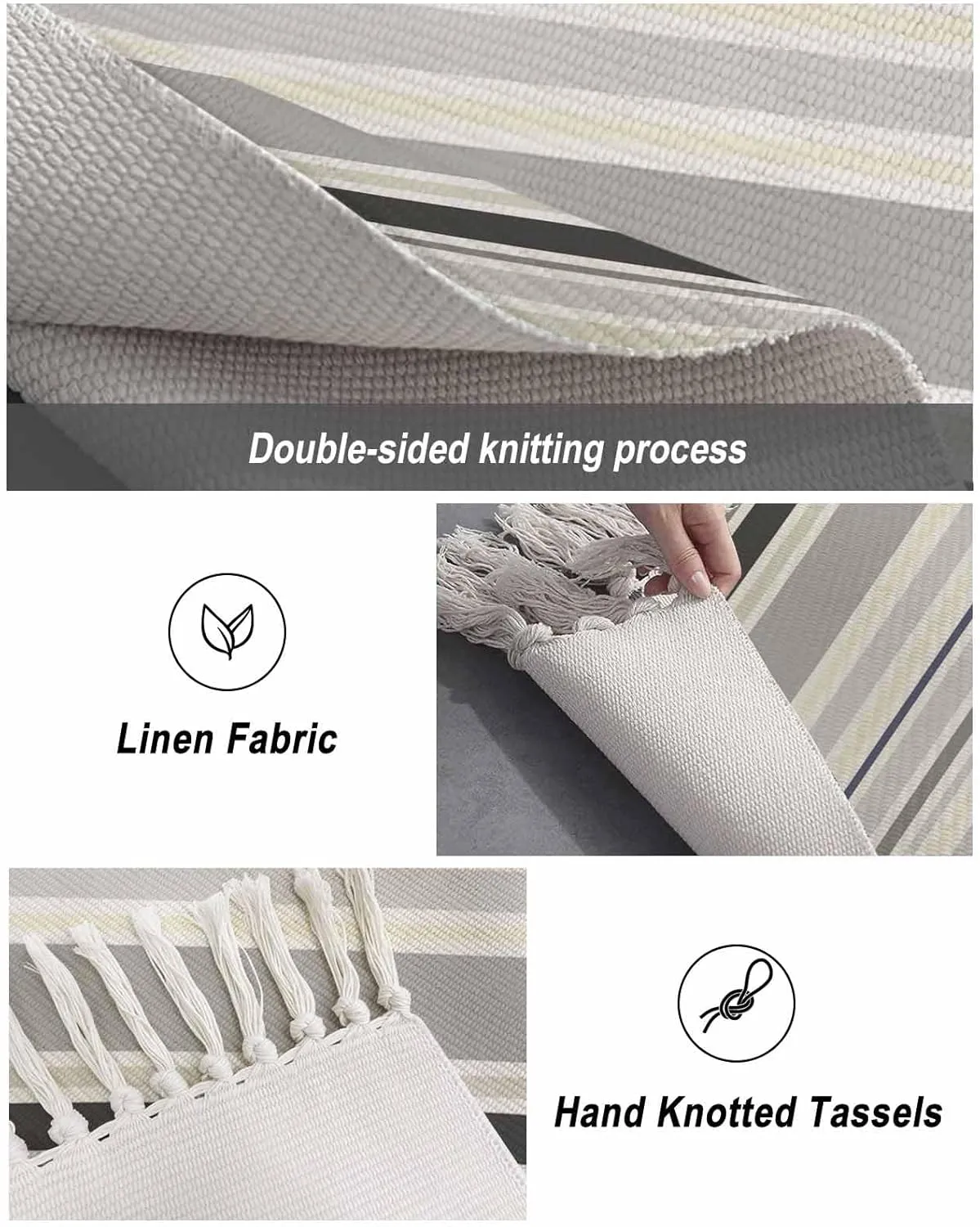 Gray White Blue Kitchen Hallway Runner Rug 2X5 Ft Carpet, Washable Woven Throw Carpet with Tassel, Country Modern Stripes Lines Art Non-Shedding Entryway Laundry Rugs