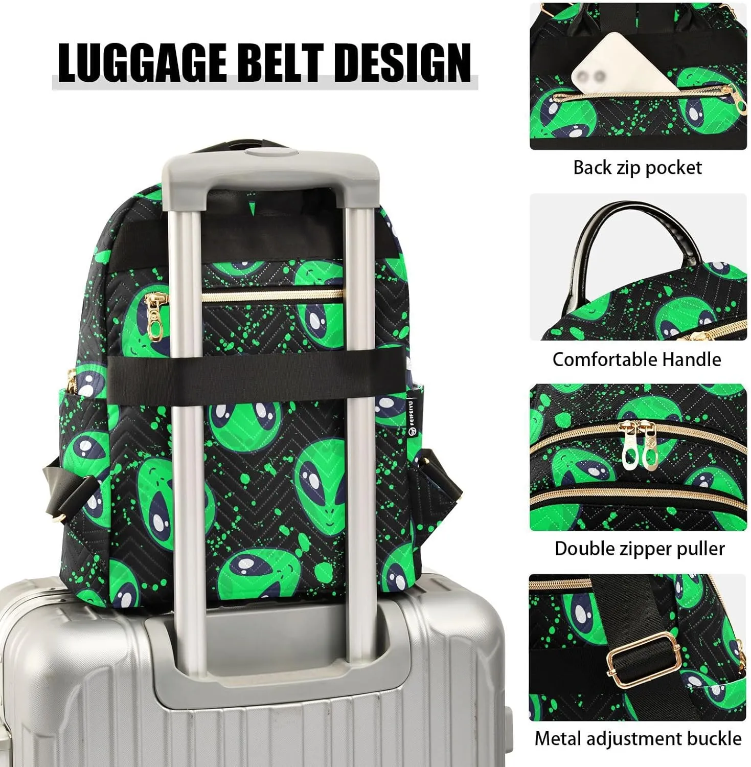 Green Alien Mini Backpack Fashion Backpack Purse for Women,Handbag Shoulder Bag Casual Daypack, Ladies Gift for College Work (M)