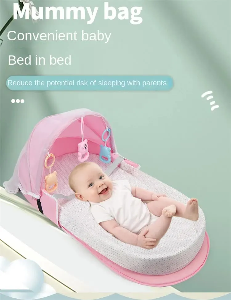 Green Portable Multi-Purpose Baby Bed and Diaper Backpack - Lightweight, Waterproof, Canvas   Polyester Material, Travel Essential for Moms(With mosquito net and small toys)
