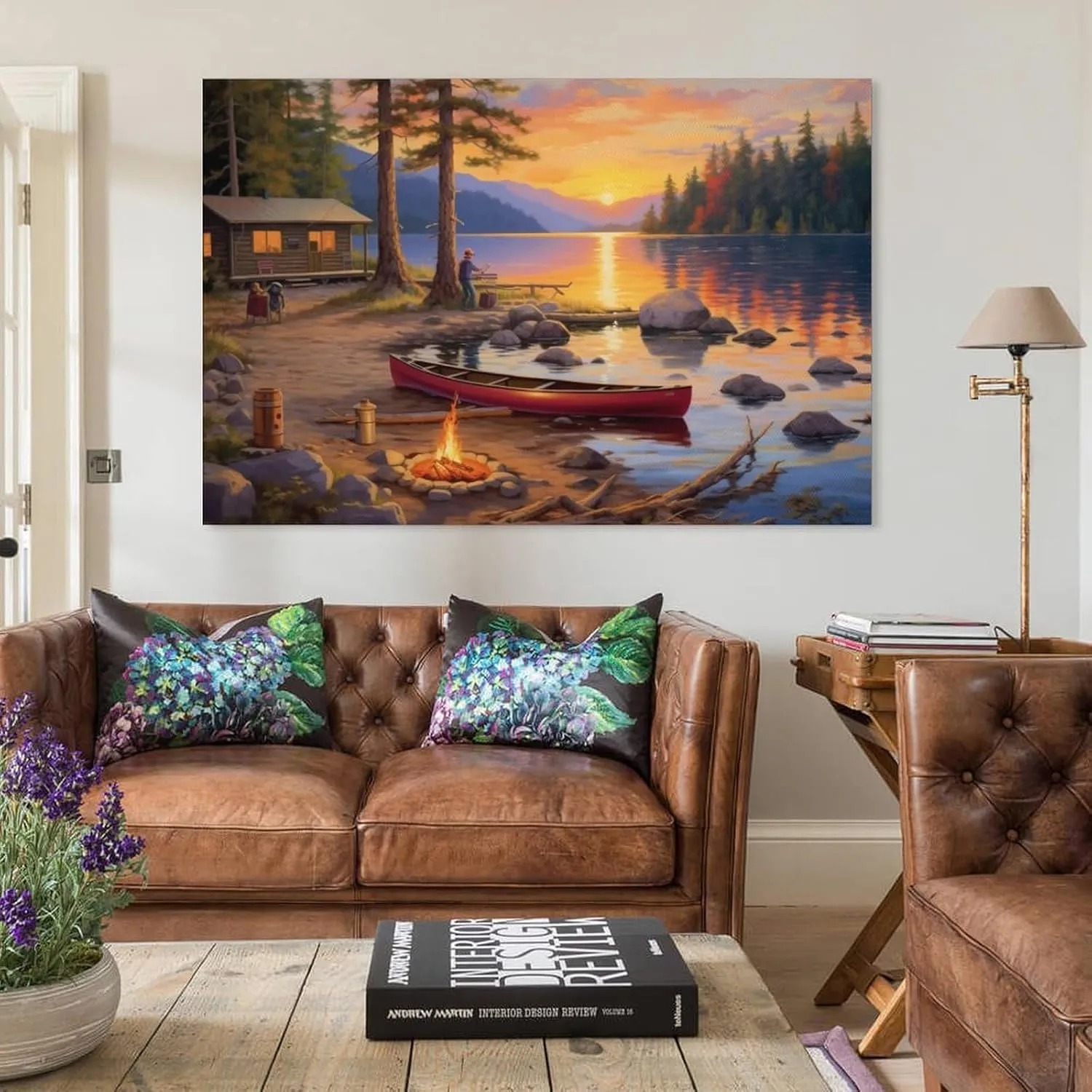 GTABVECT Alpine Lakeside Cabin Bonfire Wall Art Decor Living Room Painting Decor Canvas Wall Decor Artwork Bathroom Home Office Decoration