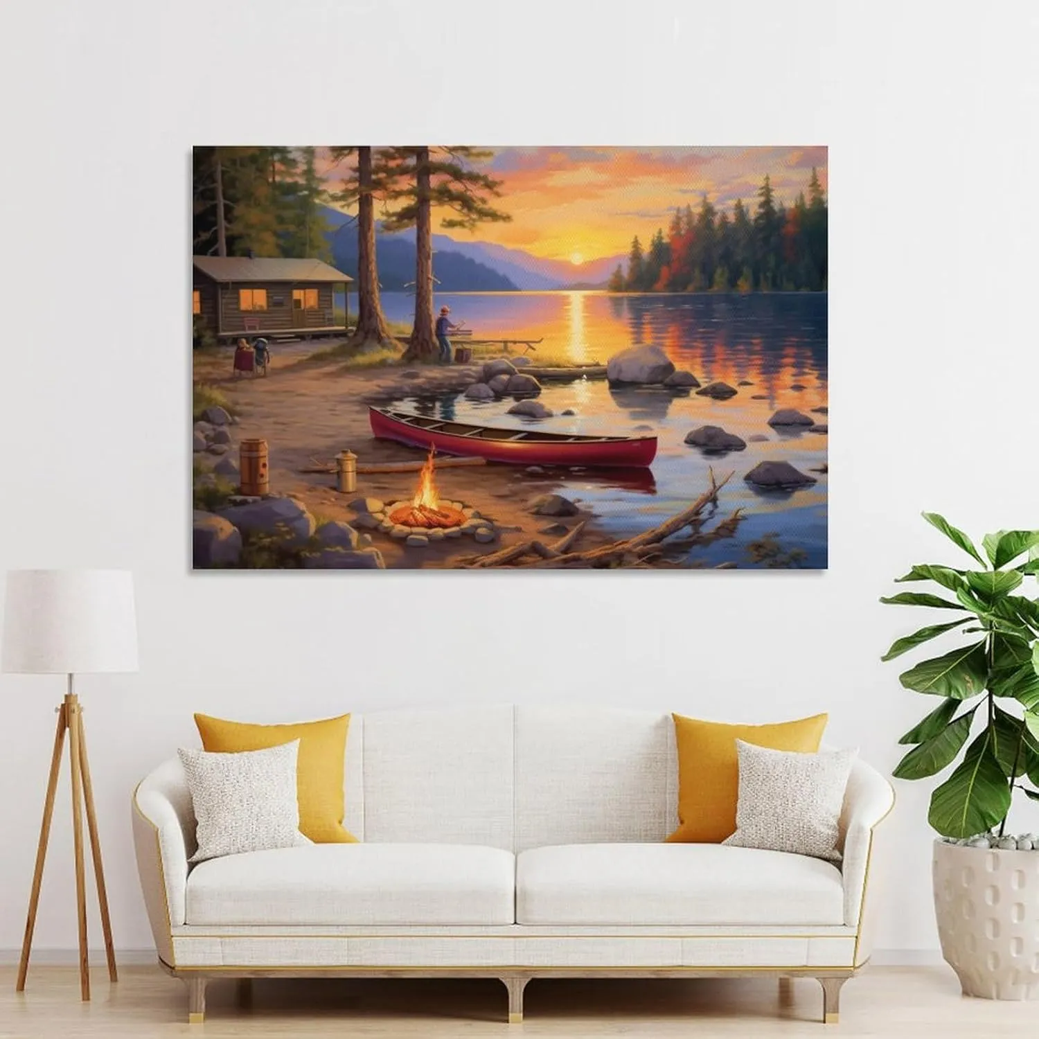 GTABVECT Alpine Lakeside Cabin Bonfire Wall Art Decor Living Room Painting Decor Canvas Wall Decor Artwork Bathroom Home Office Decoration