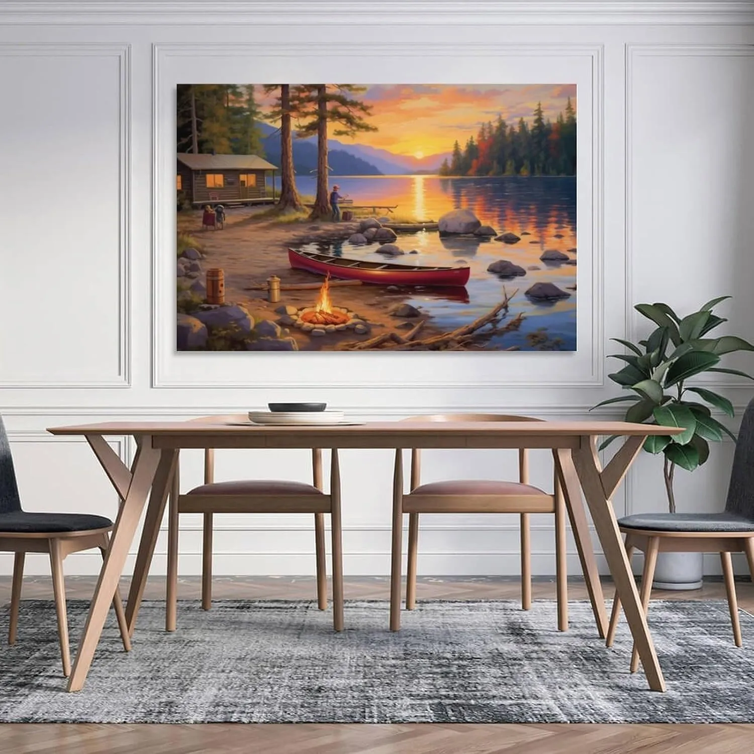 GTABVECT Alpine Lakeside Cabin Bonfire Wall Art Decor Living Room Painting Decor Canvas Wall Decor Artwork Bathroom Home Office Decoration