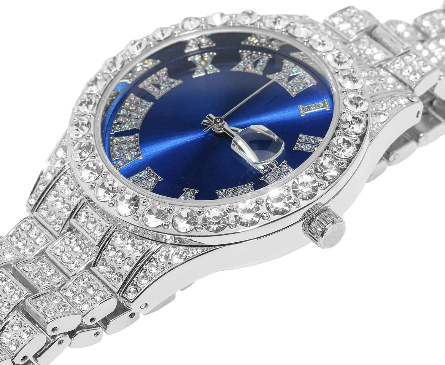 Halukakah Blue Dial Diamonds Gold Watch Iced Out, Men's 18k Real Gold/Platinum White Gold Plated Quartz Wristband 9.5", with Cuban Link Necklace Bracelet Set Options, Free Giftbox