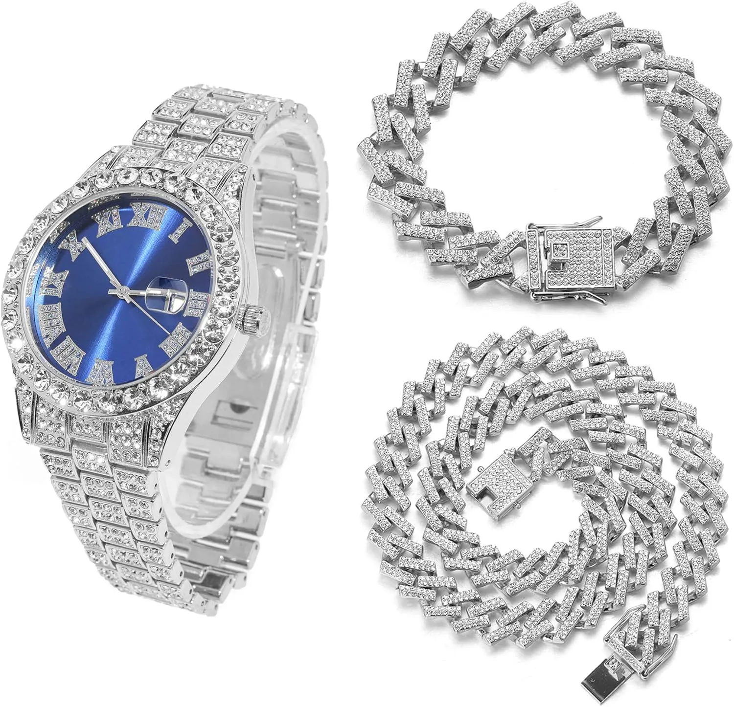 Halukakah Blue Dial Diamonds Gold Watch Iced Out, Men's 18k Real Gold/Platinum White Gold Plated Quartz Wristband 9.5", with Cuban Link Necklace Bracelet Set Options, Free Giftbox
