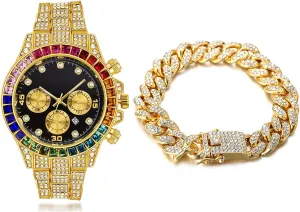 Halukakah Diamonds Gold Watch Iced Out,Men's 18K Real Gold/Rose Gold/Platinum White Gold Plated 40MM Width Multicolor Black Dial Quartz Wristband with Cuban Link Chain Necklace Bracelet,Free Giftbox