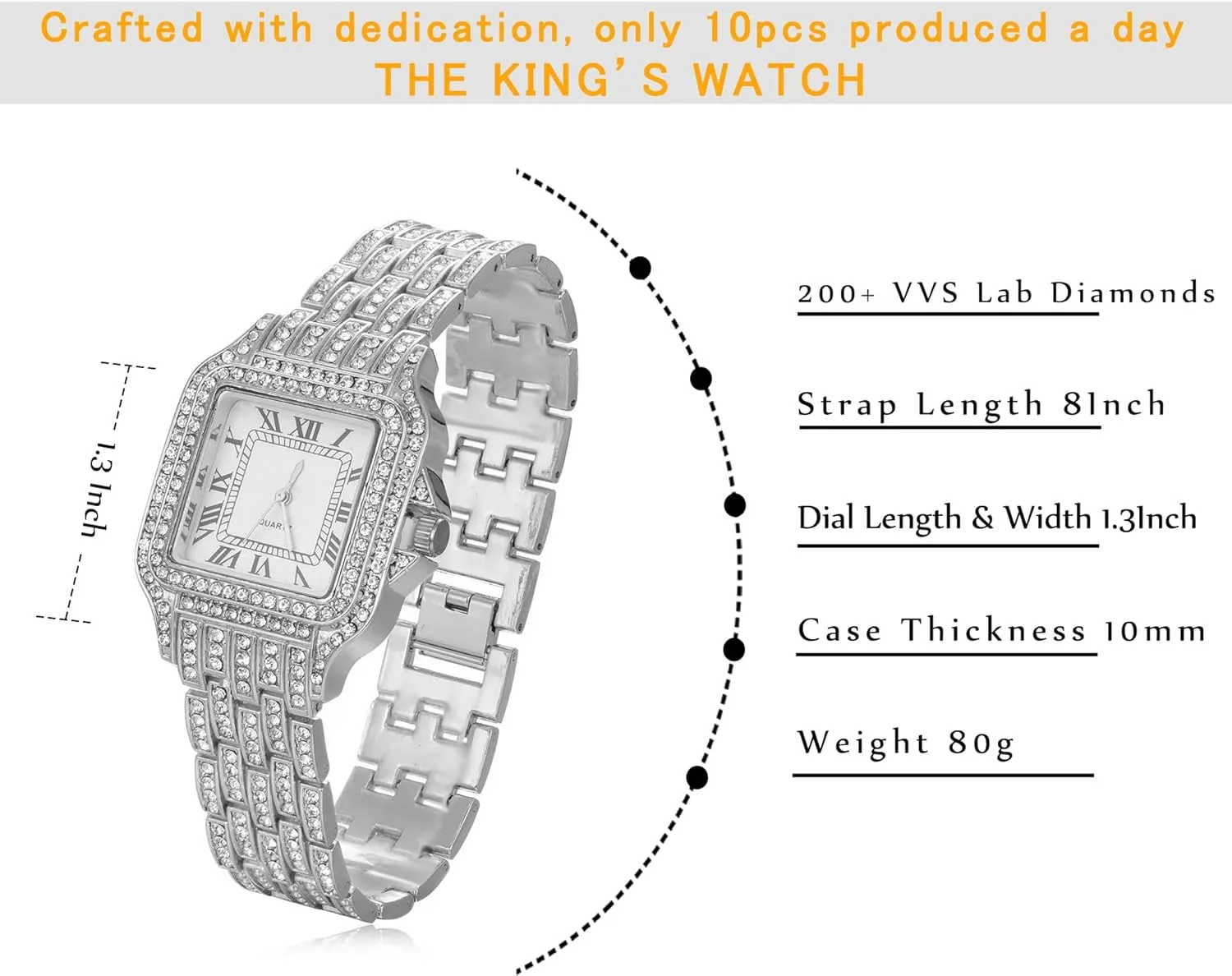 Halukakah Men's Diamond Watch - Horizon - Iced Out 18K Real Gold/Rose Gold/Platinum White Gold Plated 33MM Width Square Dial Quartz Wristband 8",Cuban Link Chain 8" 18",Come with Giftbox