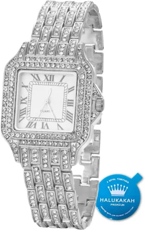 Halukakah Men's Diamond Watch - Horizon - Iced Out 18K Real Gold/Rose Gold/Platinum White Gold Plated 33MM Width Square Dial Quartz Wristband 8",Cuban Link Chain 8" 18",Come with Giftbox
