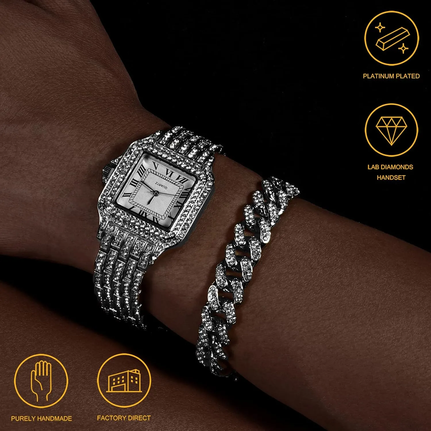 Halukakah Men's Diamond Watch - Horizon - Iced Out 18K Real Gold/Rose Gold/Platinum White Gold Plated 33MM Width Square Dial Quartz Wristband 8",Cuban Link Chain 8" 18",Come with Giftbox