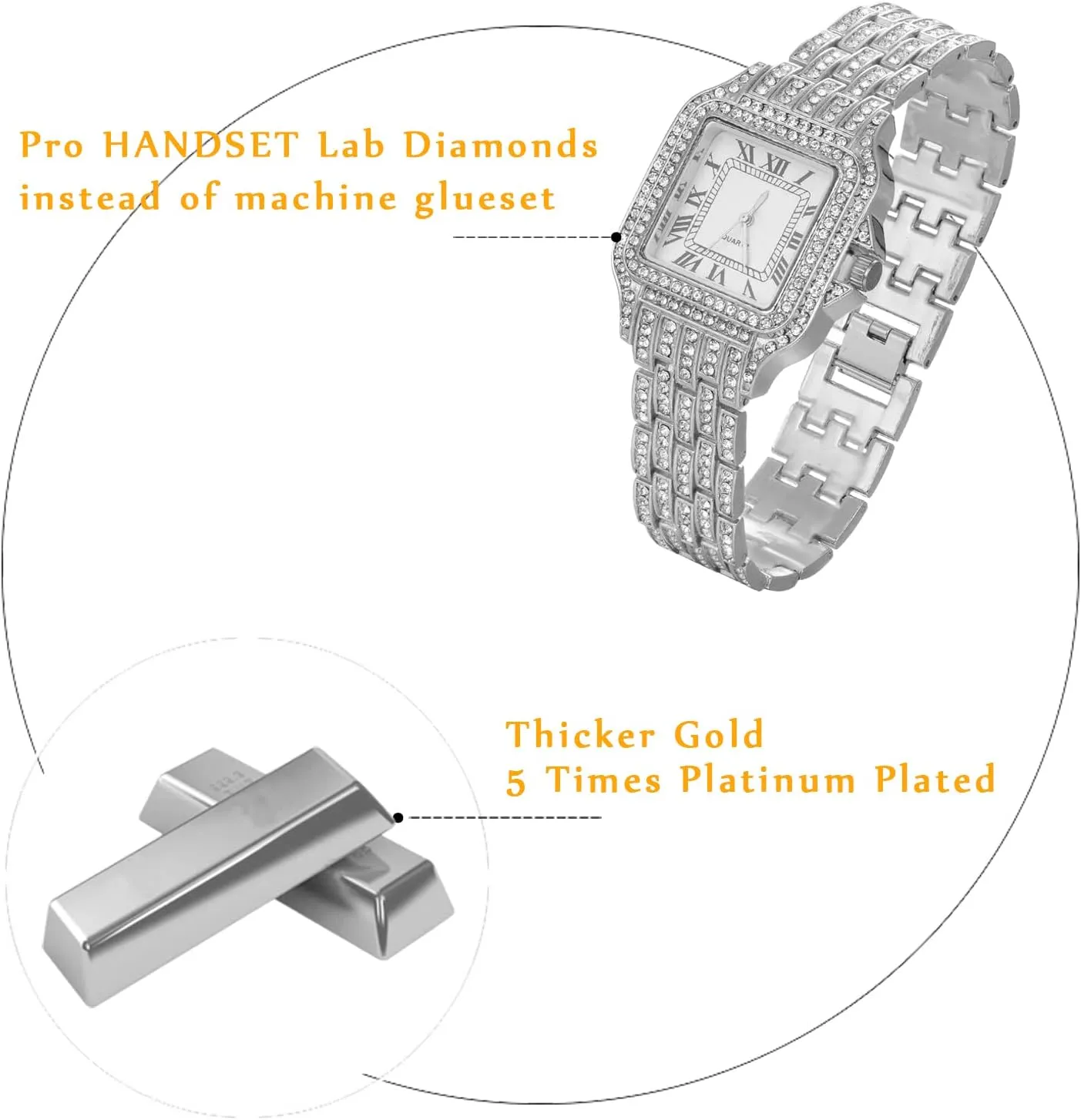 Halukakah Men's Diamond Watch - Horizon - Iced Out 18K Real Gold/Rose Gold/Platinum White Gold Plated 33MM Width Square Dial Quartz Wristband 8",Cuban Link Chain 8" 18",Come with Giftbox
