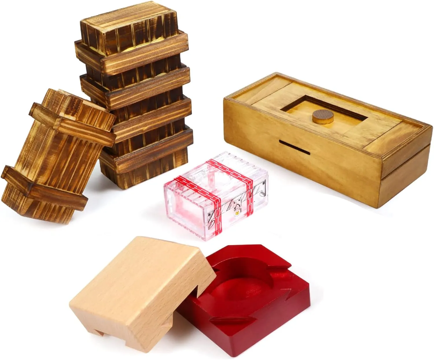 Hanaive 5 Pack Christmas Puzzle Box Gift Wooden Secret Money Puzzle Box with Hidden Compartments Ideal Money Box 3D Wood Lock Box Difficult Cash Gifts for Adults Teens(Classic Style)