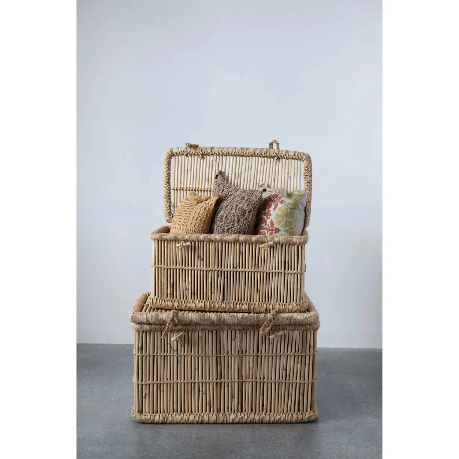 Hand-Woven Cotton and Jute Macrame Lumbar Pillow with Jute Tassels and Mango Wood Beads