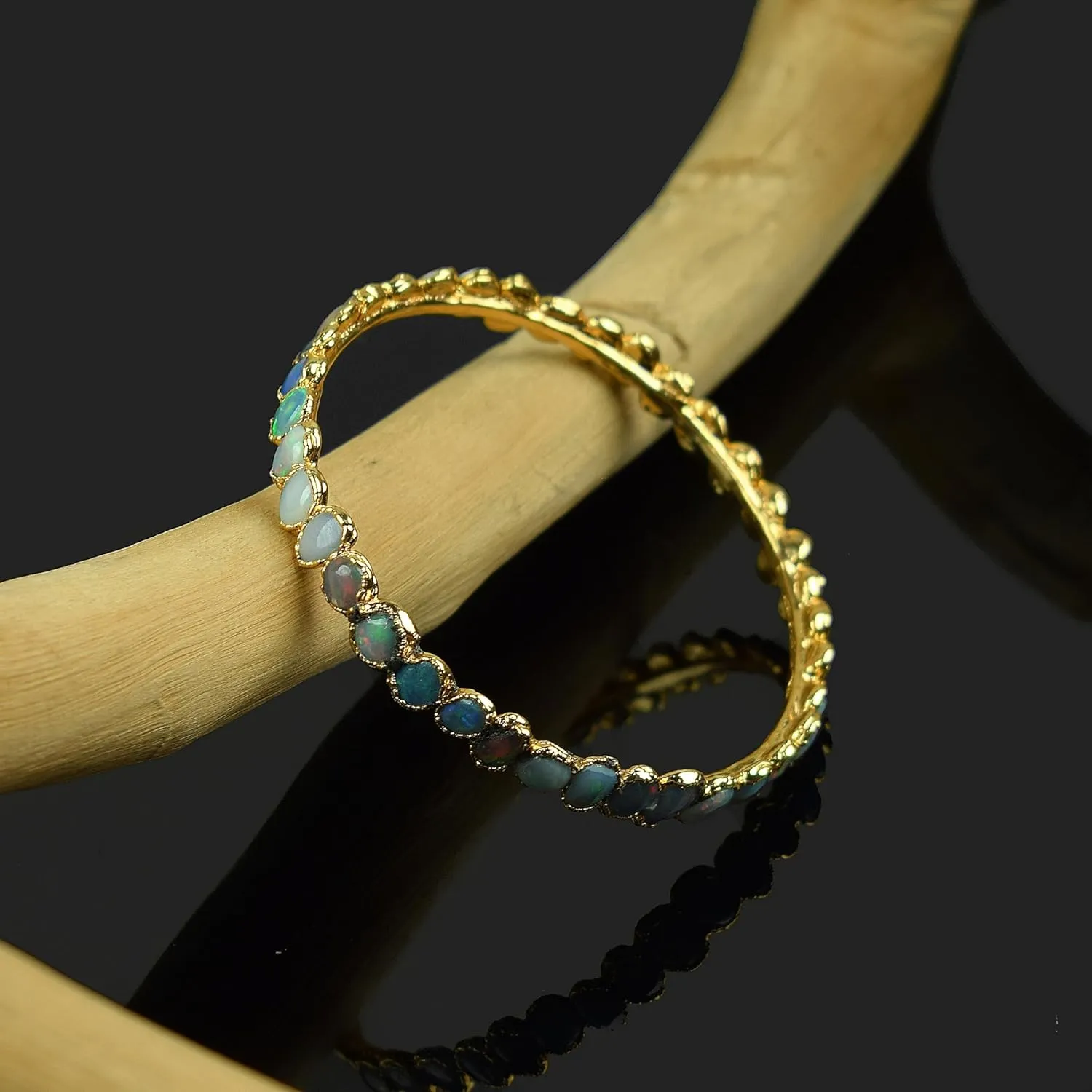 Handmade Natural Multi Fire Opal Gemstone Bangle Bracelet-Rough Opal Minimal Bracelet for Her- nfinity Bracelet-Women Statement Earrings-Wedding or Graduation Gift. GFS5362 (L, Gold-Plated)