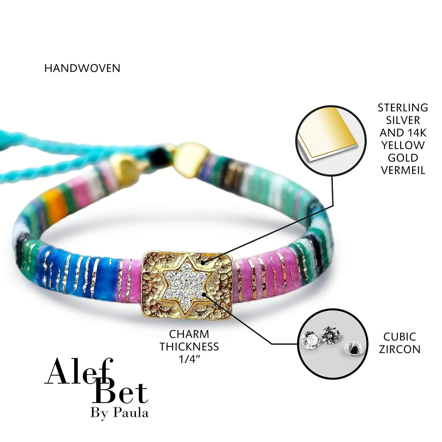 Handmade Star of David Bracelet - 14k Gold Plated Charm, Colorful Woven Friendship Bangle (Adjustable)