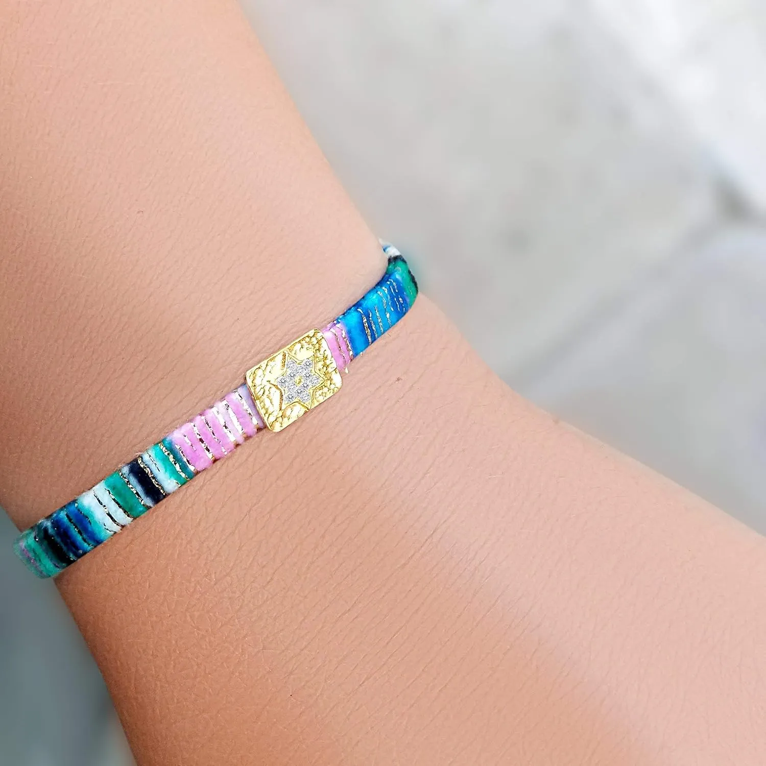 Handmade Star of David Bracelet - 14k Gold Plated Charm, Colorful Woven Friendship Bangle (Adjustable)