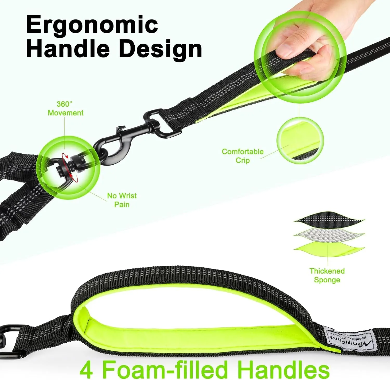 Hands Free Double Dog Leash - Wide Padded Waist Leash with Reflective Stitching for Walks, Jogging, Running, Hiking, and Training