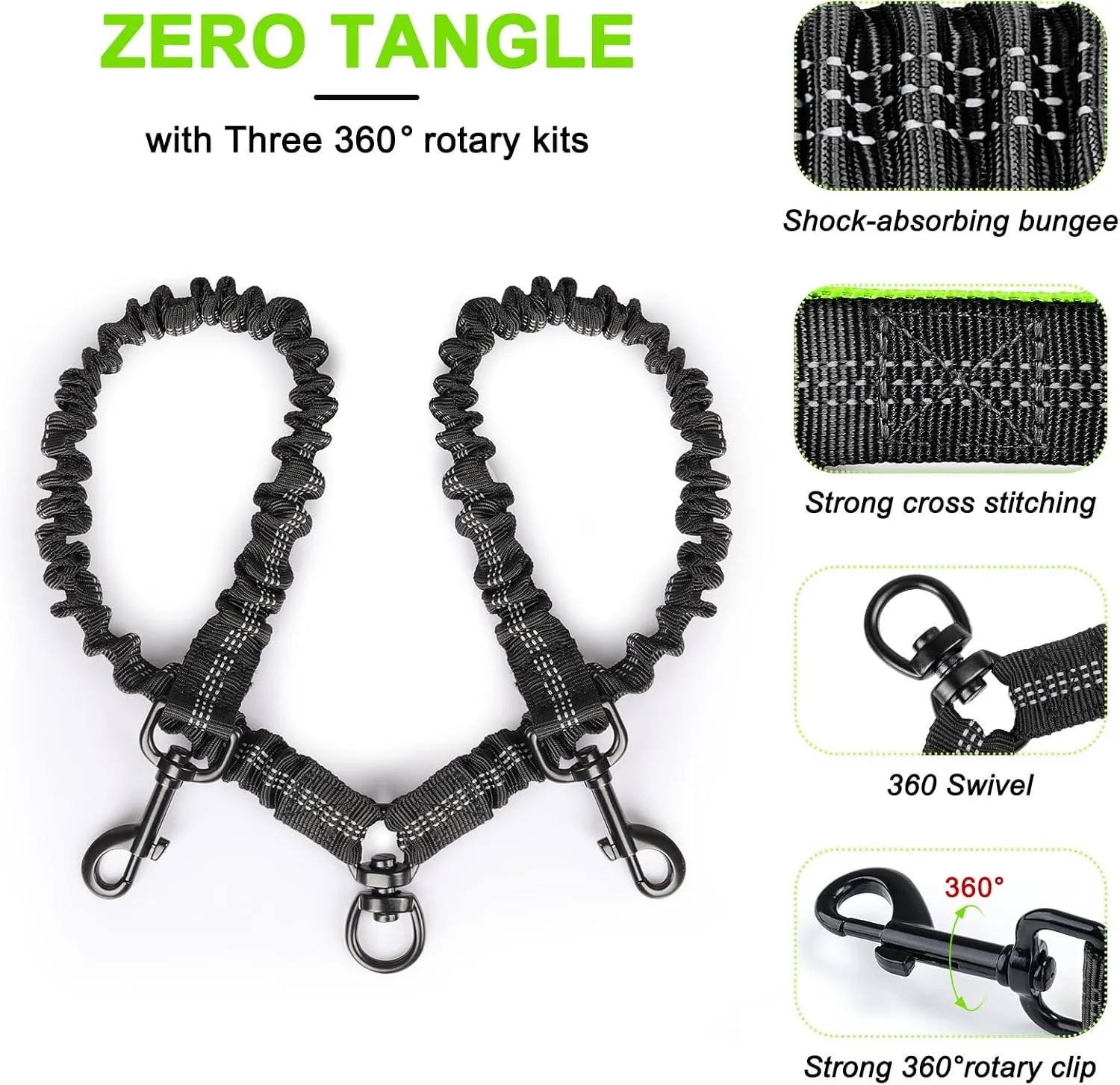 Hands Free Double Dog Leash - Wide Padded Waist Leash with Reflective Stitching for Walks, Jogging, Running, Hiking, and Training