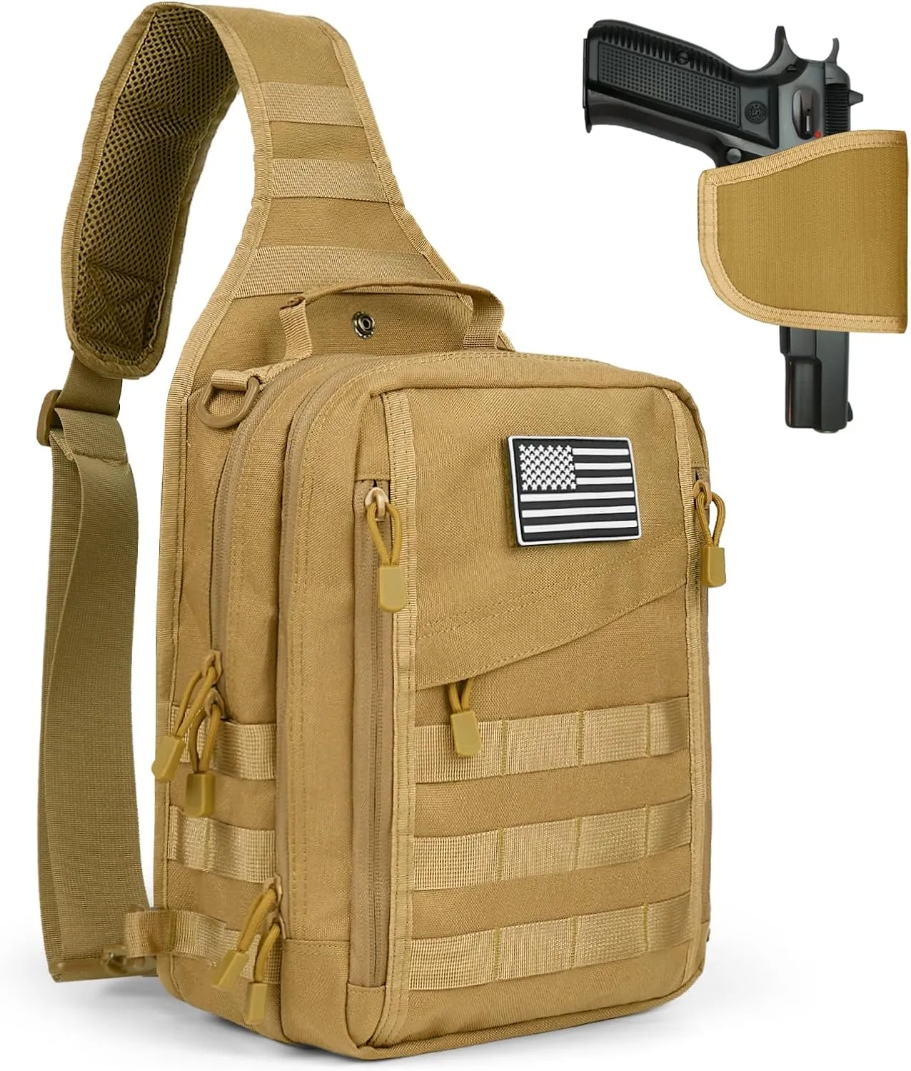HAOMUK Tactical Sling Bag Backpack for Men with Pistol Holster Military Shoulder Crossbody Bag for Concealed Carry - Khaki