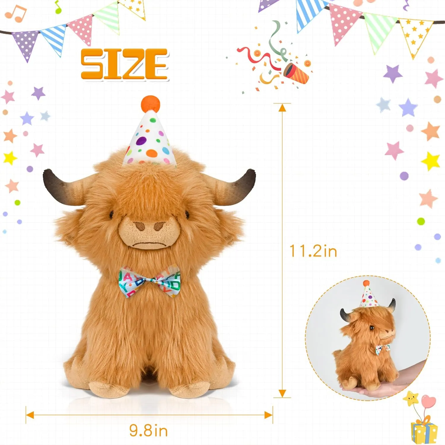 Happy Birthday Highland Cow Plush, Birthday Stuffed Animal, Soft Plushie Cute Cow Plush Pillow Gifts for Boys & Girls (9.8 Inch)